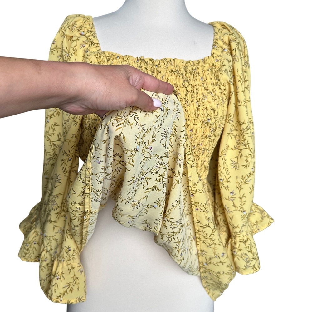 Hayden LA Peplum Smocked Square Neck Top 3/4 Flutter Sleeve Cottagecore Milkmaid - Picture 5 of 8